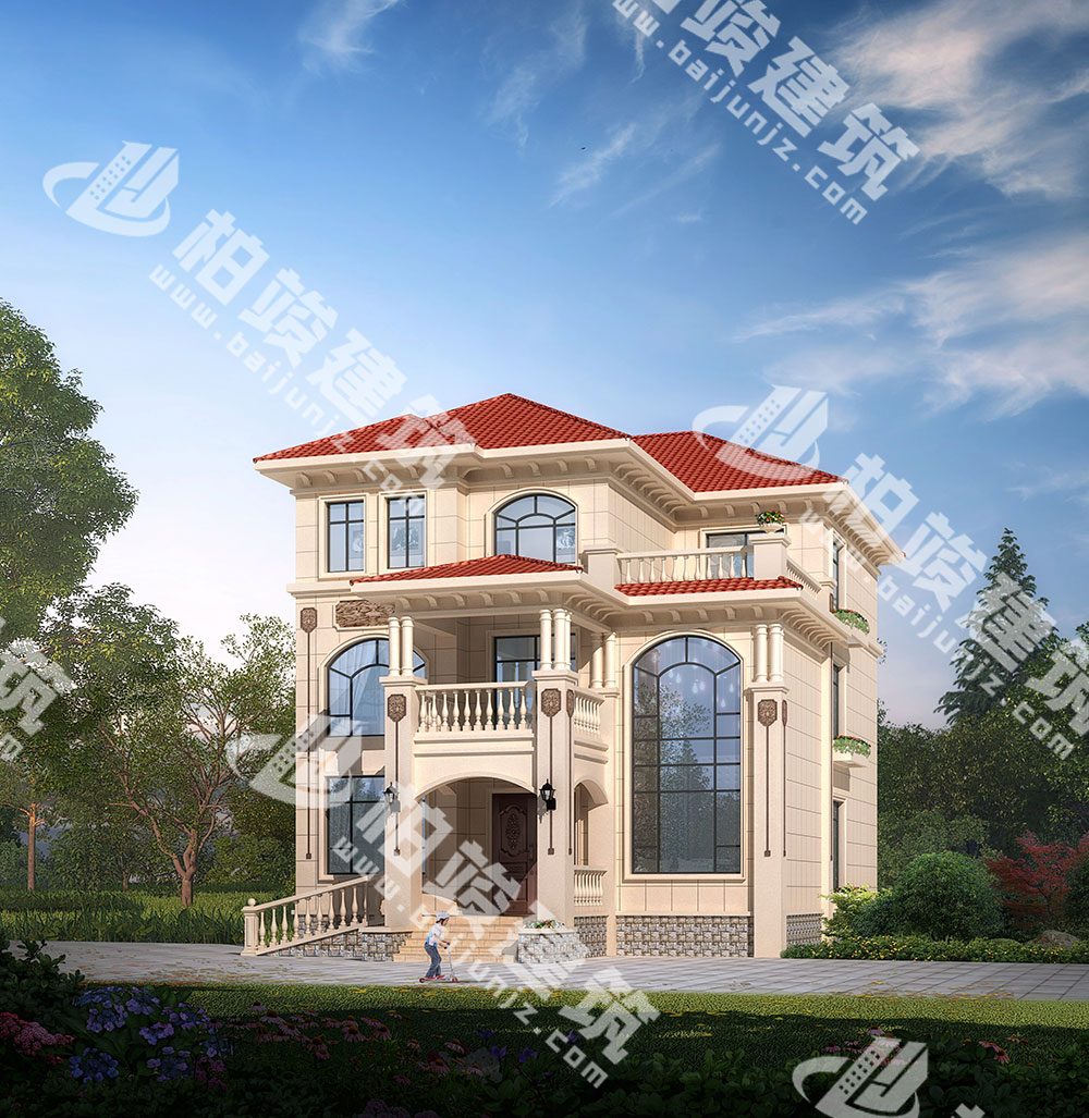 農(nóng)村三層別墅設(shè)計圖紙，簡歐風(fēng)格，帶雙層落地窗、輪椅坡道