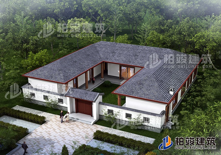 中式三合院平房設計圖及效果圖、施工圖BZ168-新中式風格