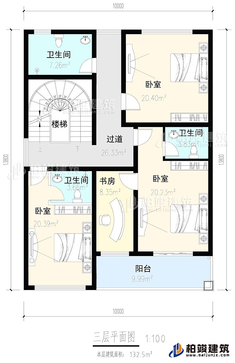 三層：3臥室，2內衛，公衛，樓梯，書房，陽臺
