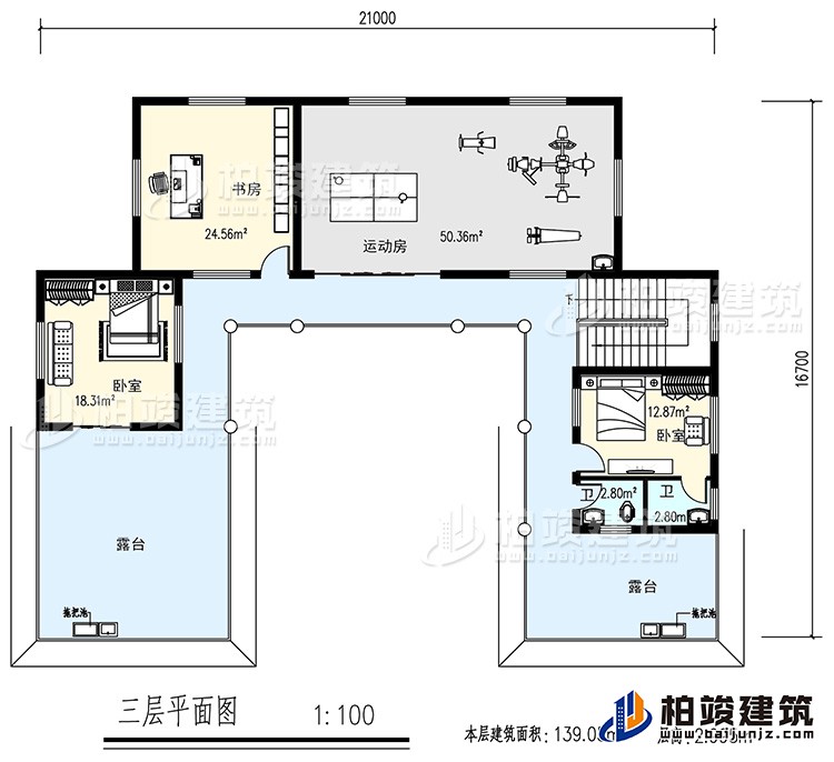 三層：書房，運(yùn)動(dòng)房，2臥室，2衛(wèi)生間，露臺(tái)