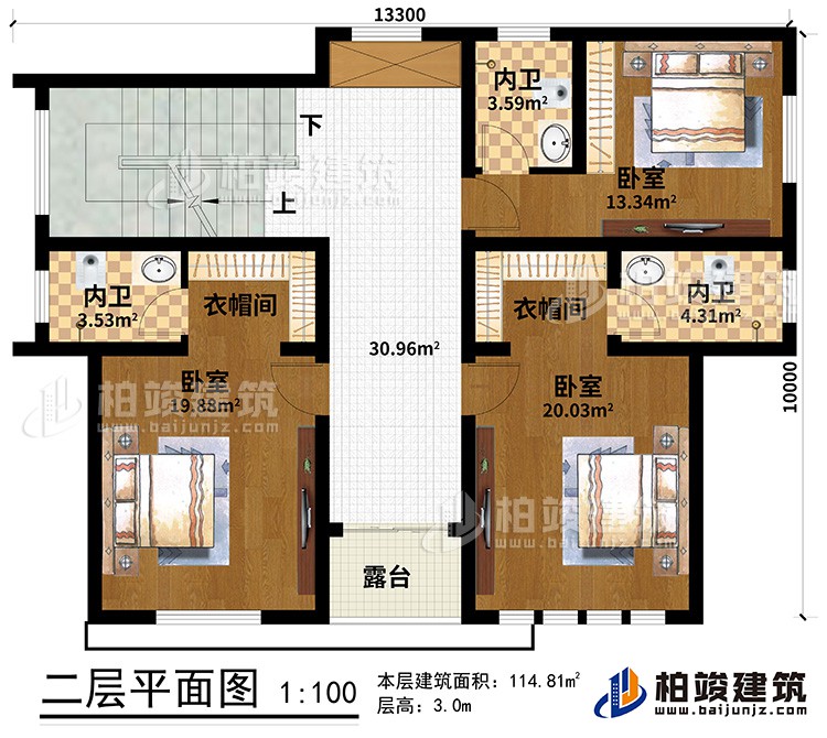 二層：3臥室、2衣帽間、3內(nèi)衛(wèi)、露臺(tái)