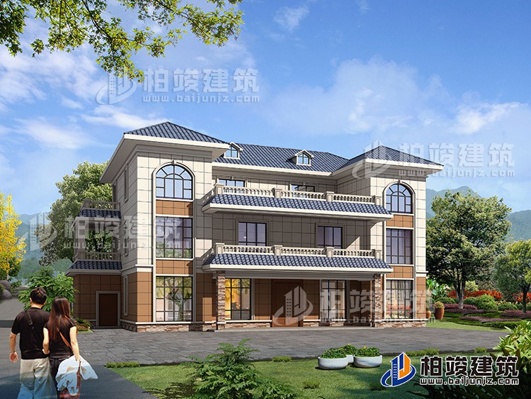 農村三層兄弟雙拼歐式風格別墅設計圖及效果圖紙BZ369-簡歐風格