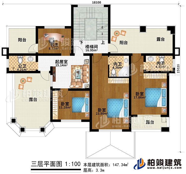 三層：3臥室、2內衛、公衛、書房、樓梯間、2陽臺、3露臺、起居室