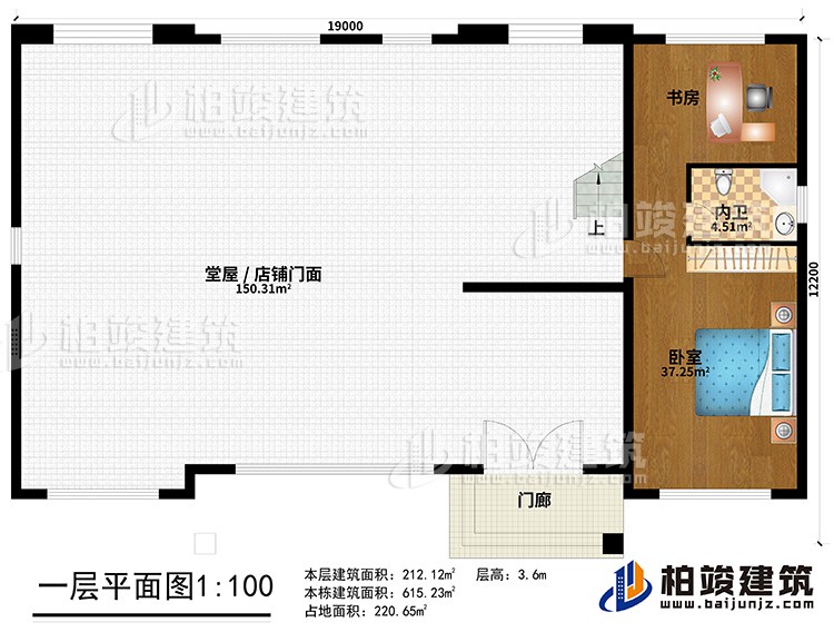 一層：門廊、堂屋/店鋪門面、臥室、書房、內(nèi)衛(wèi)