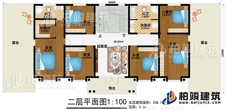 二層：5臥室、兒童房、公衛、洗漱間、內衛、起居室、2露臺、陽臺