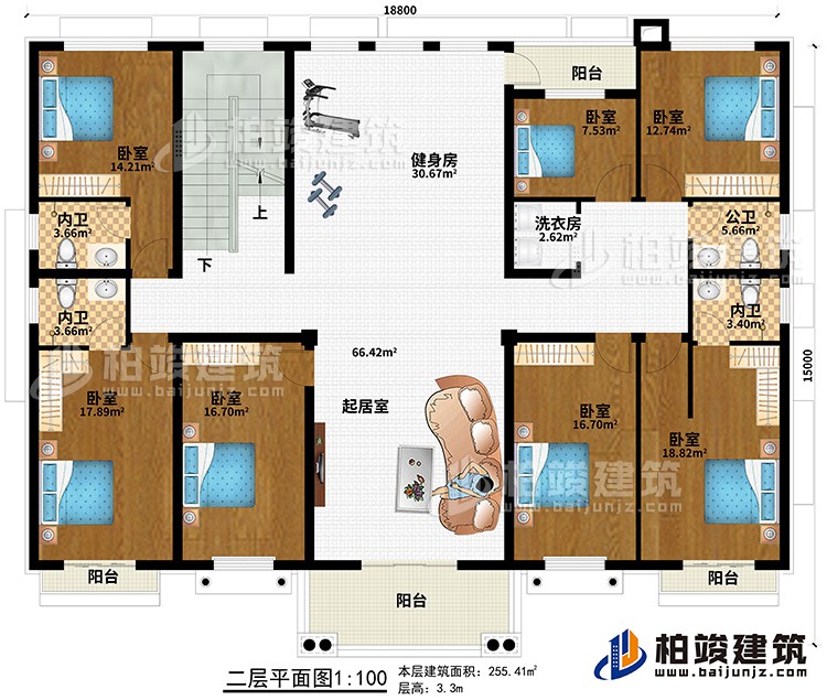 二層：7臥室、起居室、健身房、3內(nèi)衛(wèi)、公衛(wèi)、洗衣房、4陽臺