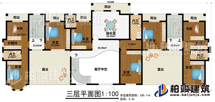 三層：6臥室、2衣帽間、2書房、4內衛、娛樂室、6陽臺、2露臺、客廳中空
