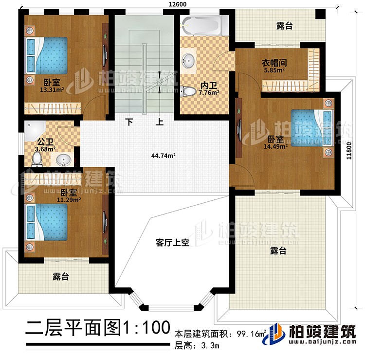 二層：3臥室，衣帽間、公衛(wèi)、內(nèi)衛(wèi)、3露臺、客廳上空