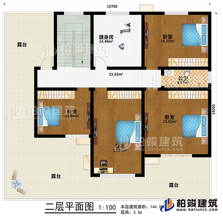 二層：4臥室，公衛，健身房，露臺