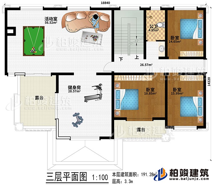 三層：健身房、活動室、3臥室、公衛、２露臺