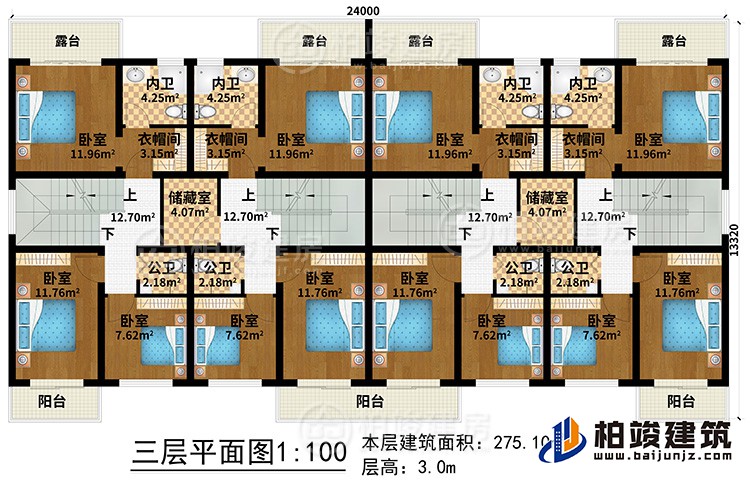 三層：12臥室、4公衛(wèi)、4內(nèi)衛(wèi)、2儲(chǔ)藏室、4衣帽間、3陽(yáng)臺(tái)、4露臺(tái)