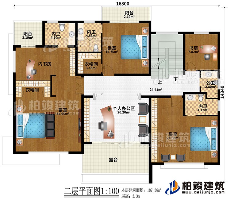 二層：3臥室、2衣帽間、3內衛、內書房、書房、個人辦公區、公衛、2陽臺、露臺