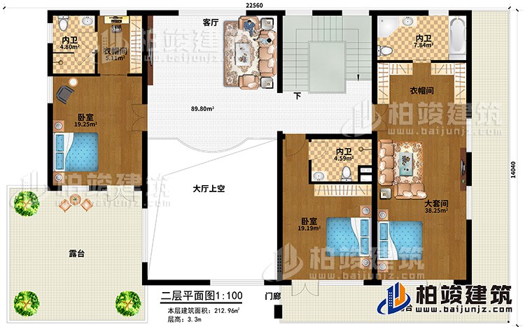 二層：客廳，大套間帶內(nèi)衛(wèi)和衣帽間，單間帶內(nèi)衛(wèi)，中套間帶內(nèi)衛(wèi)和衣帽間，2露臺，樓梯