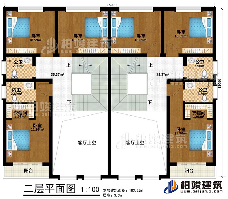 二層：6臥室、2內(nèi)衛(wèi)，2公衛(wèi)，2衣帽間、2陽臺(tái)、2客廳上空