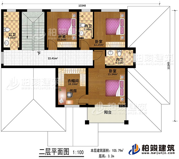 二層：3臥室，3衛(wèi)，客廳，陽臺(tái)，衣帽間/書房