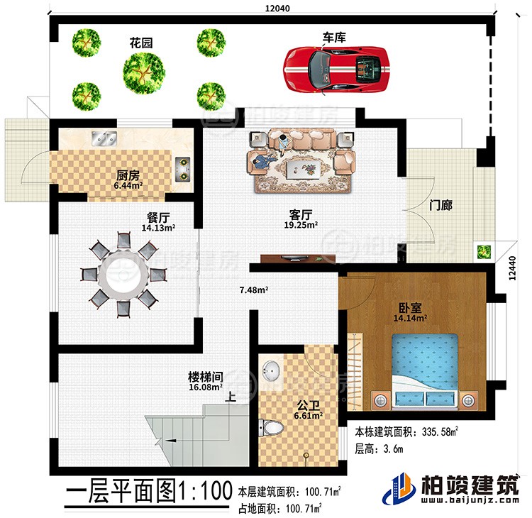 一層：門廊、花園、車庫、廚房、餐廳、客廳、樓梯間、臥室、公衛