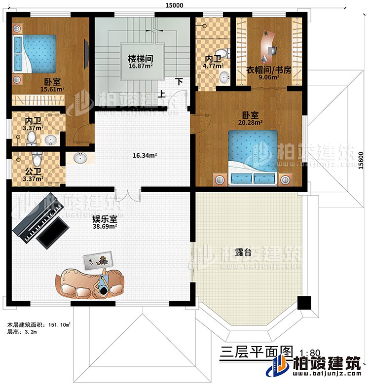 三層：樓梯間、娛樂(lè)室、2臥室、衣帽間/書(shū)房、2內(nèi)衛(wèi)、公衛(wèi)、露臺(tái)