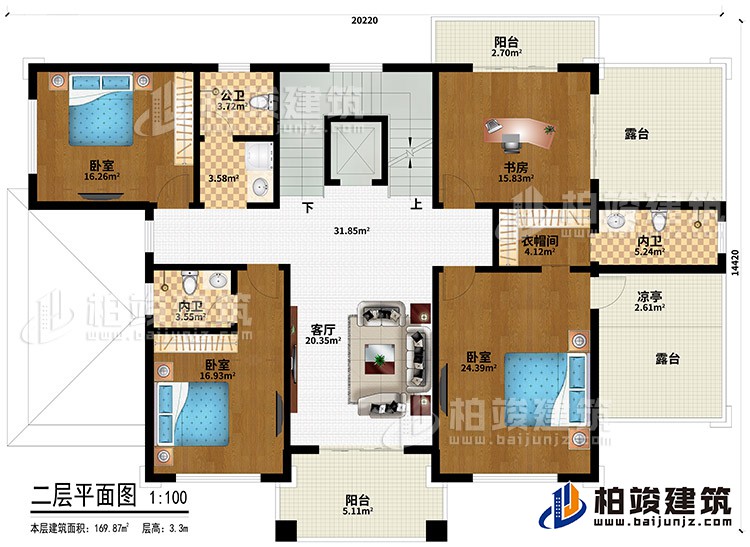 二層：3臥室、衣帽間、2內衛、公衛、客廳、書房、衣帽間、2陽臺、2露臺、涼亭