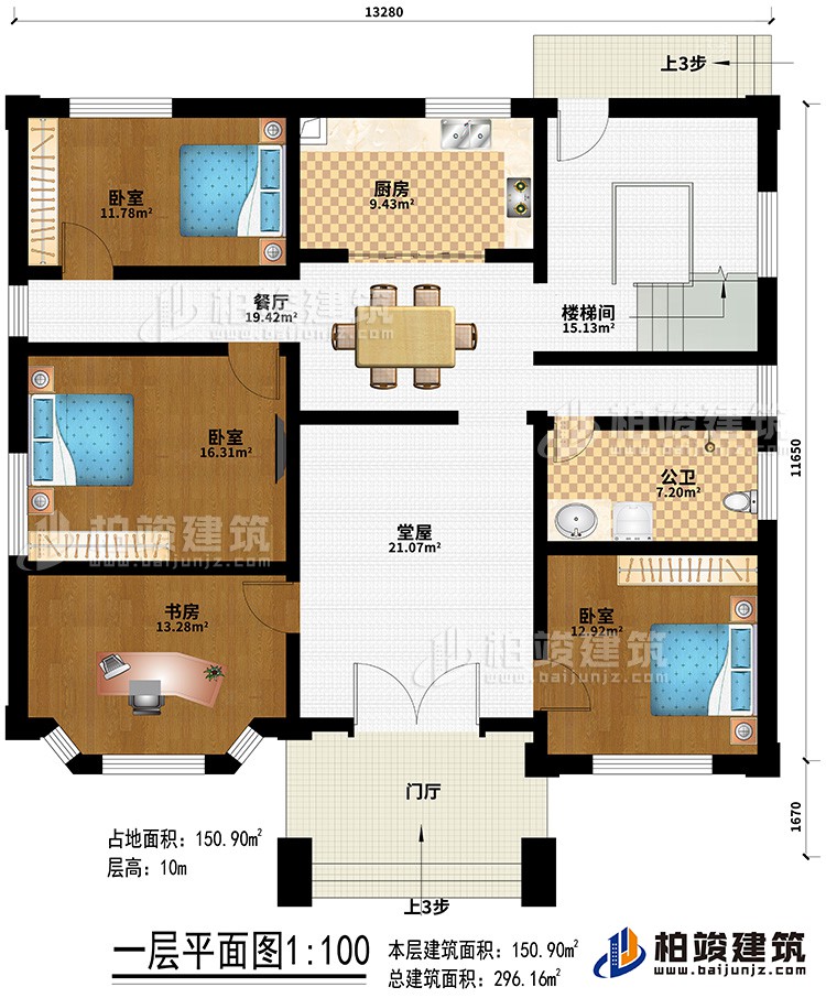 一層：門廳、堂屋、餐廳、廚房、樓梯間、3臥室、書房、公衛