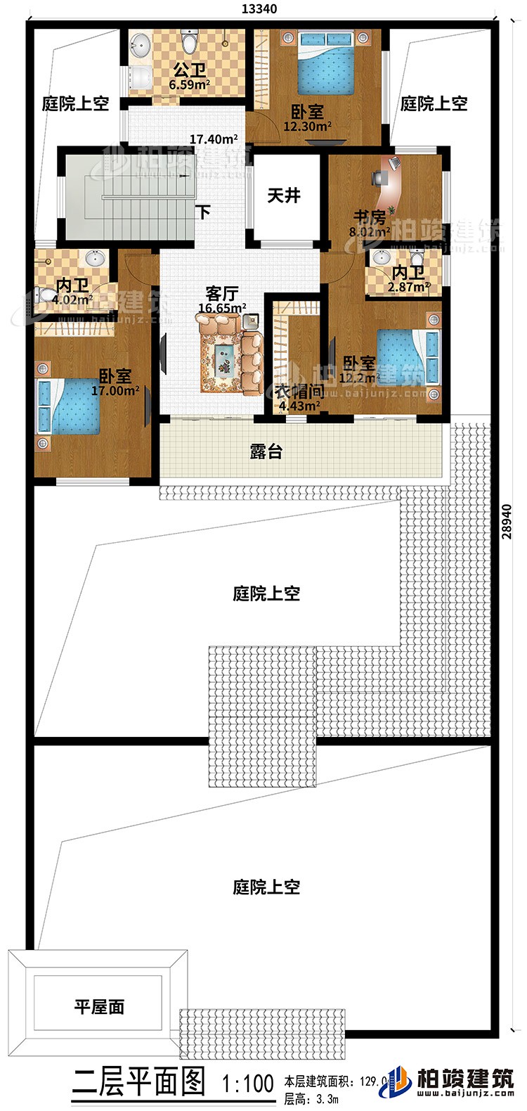 二層：平屋面、4庭院上空、3臥室、客廳、天井、衣帽間、書房、公衛(wèi)、2內(nèi)衛(wèi)