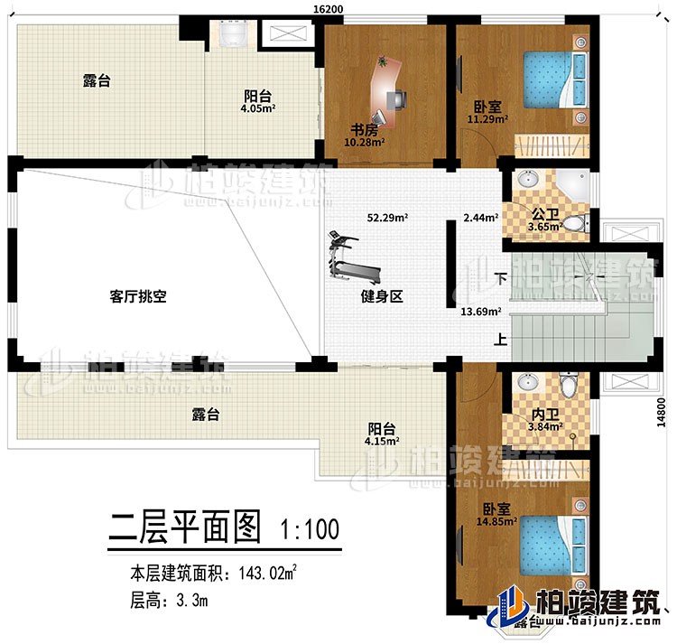 二層：健身區、客廳挑空、書房、2臥室、公衛、內衛、2陽臺、3露臺