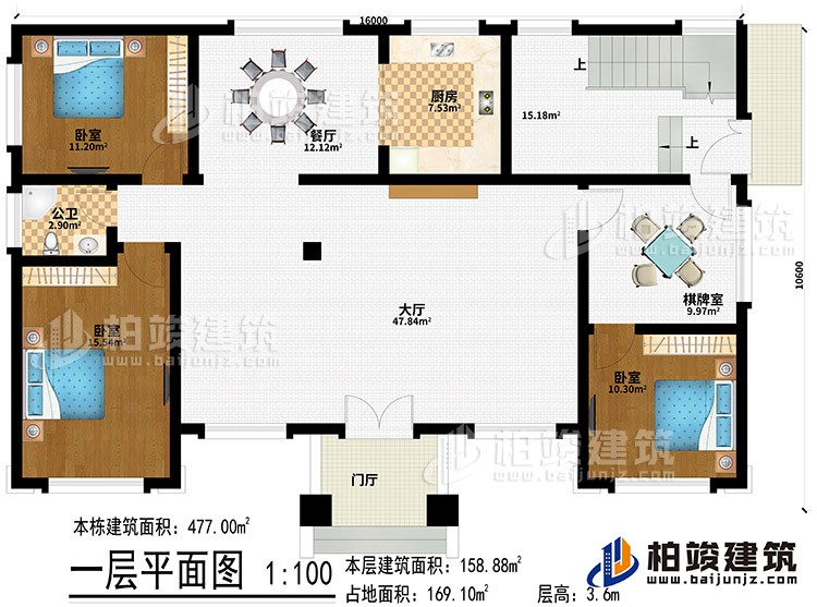 一層：門廳、大廳、餐廳、廚房、3臥室、棋牌室、公衛