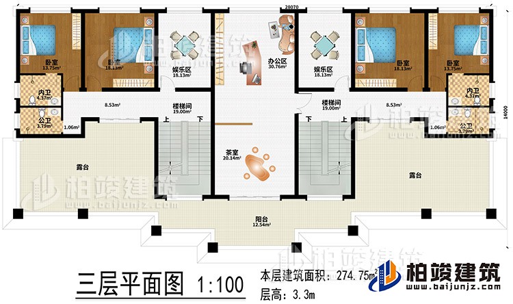 三層：辦公區、茶室、2樓梯間、2娛樂區、4臥室、2公衛、2內衛、2露臺