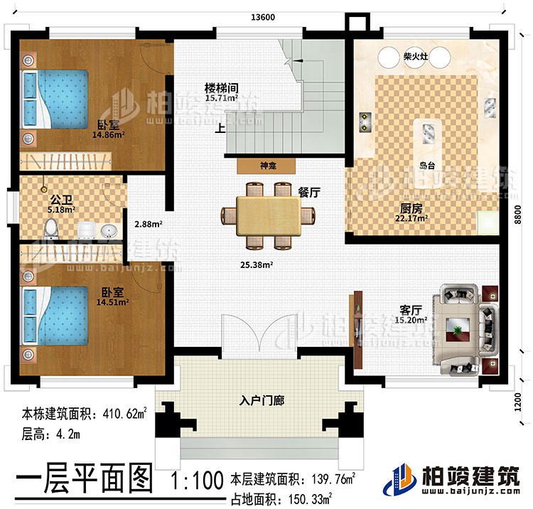 一層：入戶門廊、客廳、餐廳、廚房、神龕、島臺(tái)、柴火灶、樓梯間、公衛(wèi)、2臥室