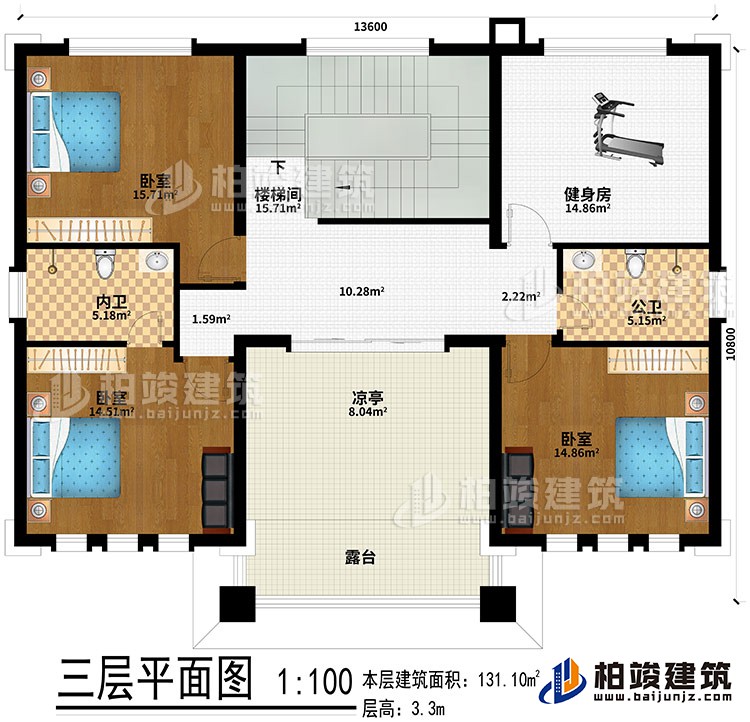 三層：樓梯間、健身房、3臥室、公衛(wèi)、內(nèi)衛(wèi)、涼亭、露臺(tái)