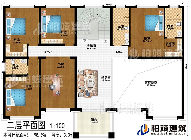 二層：起居室、客廳挑空、4臥室、書房、樓梯間、衣帽間、公衛(wèi)、2內(nèi)衛(wèi)