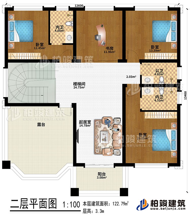 二層：樓梯間、起居室、3臥室、書房、2內衛、公衛、露臺、陽臺