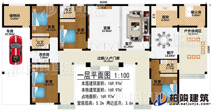 一層：過廊/入戶門廊、堂屋、神龕、客廳、餐廳、廚房、柴火房、戶外休閑區(qū)、儲物間、車庫、洗衣房、4臥室、2內(nèi)衛(wèi)、公衛(wèi)