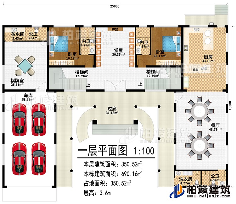 一層：過廊、堂屋、神龕、2樓梯間、廚房、餐廳、棋牌室、車庫、茶水間、2公衛(wèi)、洗衣房、2臥室、2內(nèi)衛(wèi)