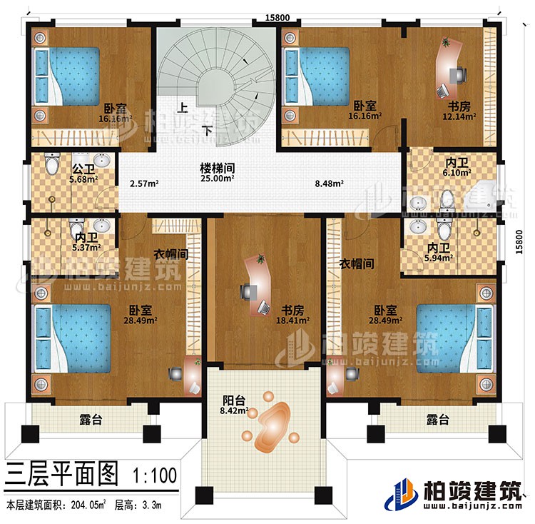 三層：樓梯間、4臥室、2衣帽間、2書房、公衛、3內衛、2露臺、陽臺