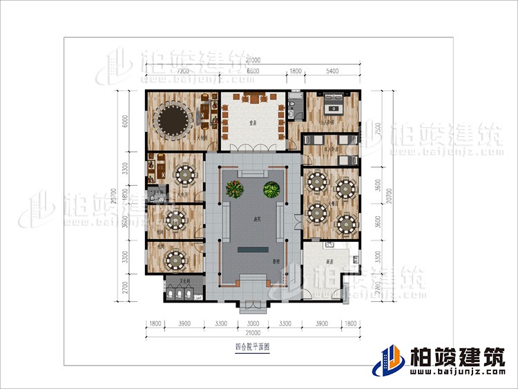一層：大餐廳、2包間、2大餐廳、2內(nèi)衛(wèi)、堂屋、臥室、工人臥室、公衛(wèi)、庭院、影壁墻