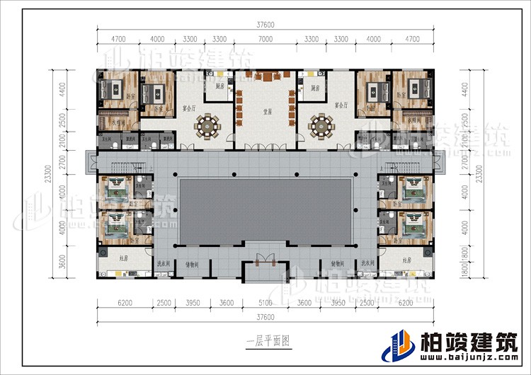一層：2儲物間、2洗衣間、2灶房、8臥室、2衣帽間、2公衛、6內衛、2廚房、2宴會廳、堂屋