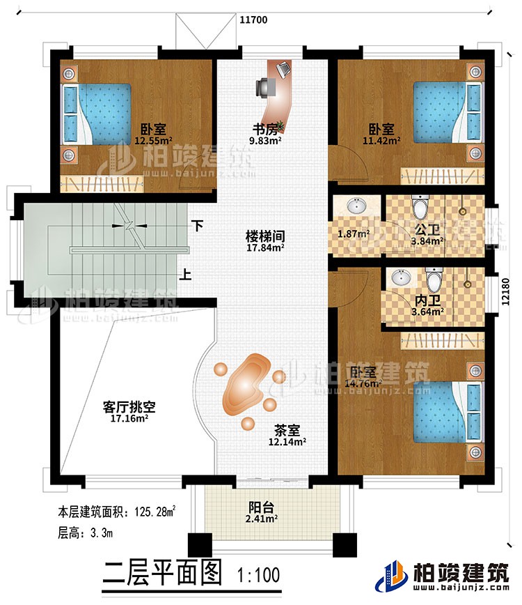 二層：樓梯間、書房、茶室、客廳挑空、3臥室、公衛、內衛、陽臺