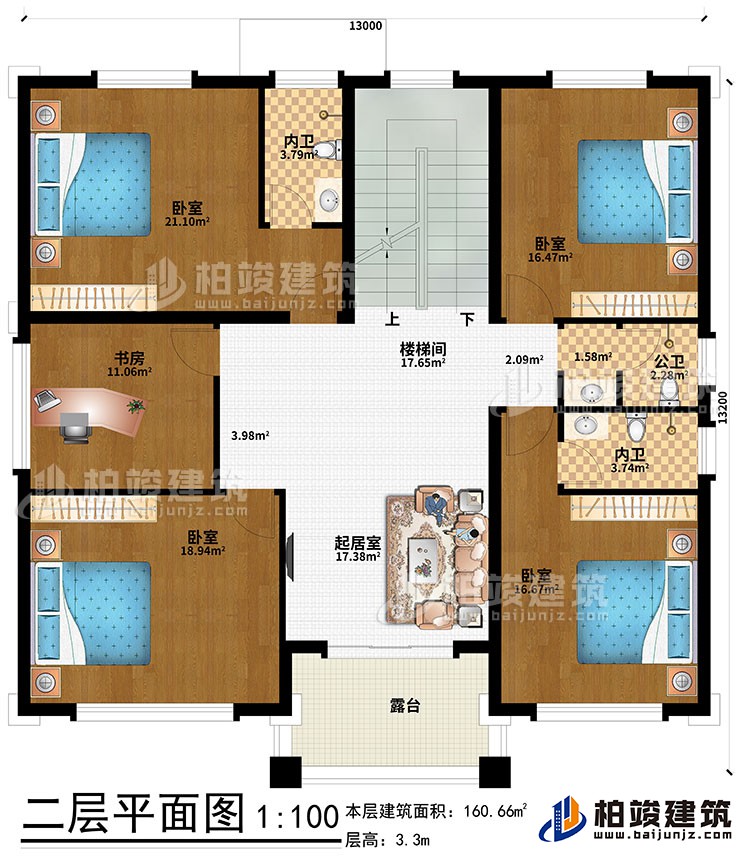 二層：起居室、樓梯間、4臥室、書房、公衛、內衛、露臺