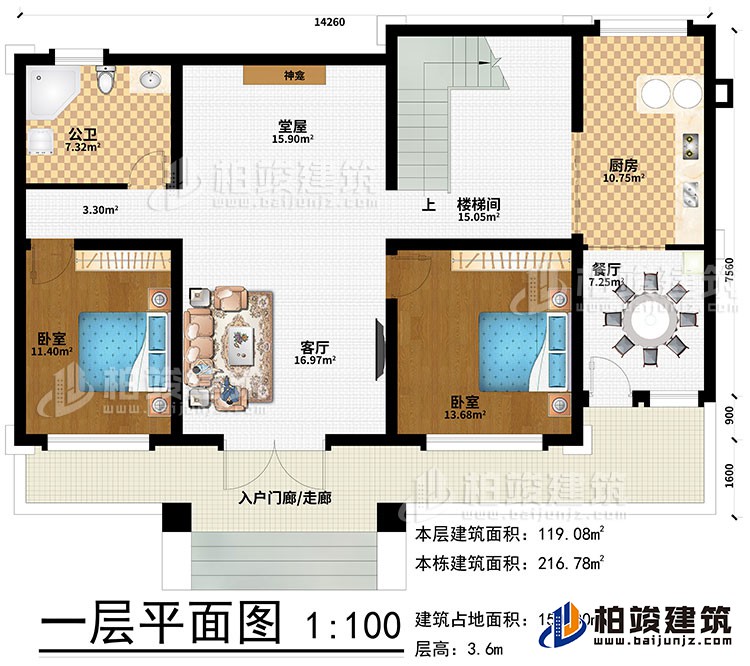 一層：入戶門廊/走廊、客廳、堂屋、神龕、樓梯間、廚房、餐廳、2臥室、公衛(wèi)