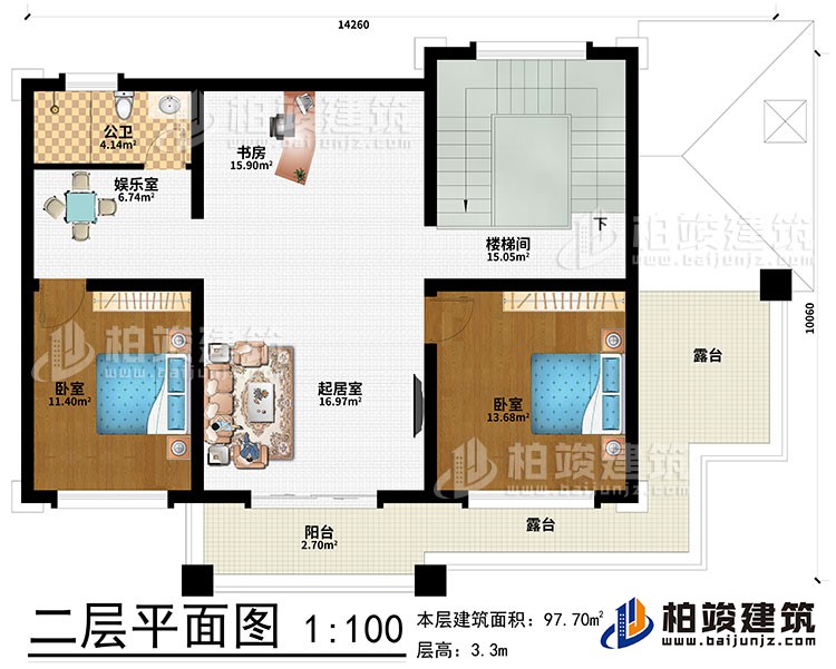 二層：起居室、書房、娛樂室、2臥室、樓梯間、公衛(wèi)、陽(yáng)臺(tái)、2露臺(tái)