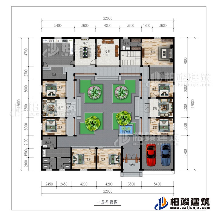 一層：廣亮大門、車庫、書房、公衛(wèi)、7臥室、2客廳、餐廳、廚房、堂屋、2天井、內(nèi)衛(wèi)、荷花魚池
