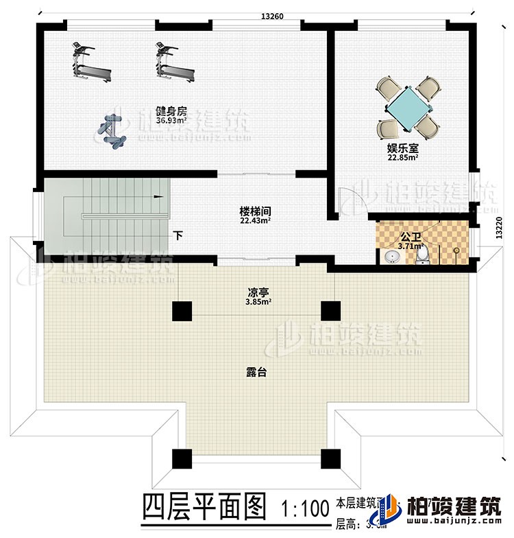 四層：健身房、娛樂室、樓梯間、公衛、涼亭、露臺