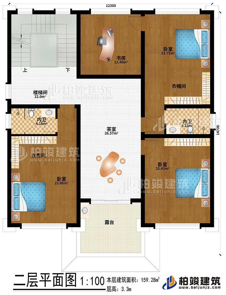 二層：3臥室、2衣帽間、2內(nèi)衛(wèi)、樓梯間、茶室、露臺、書房