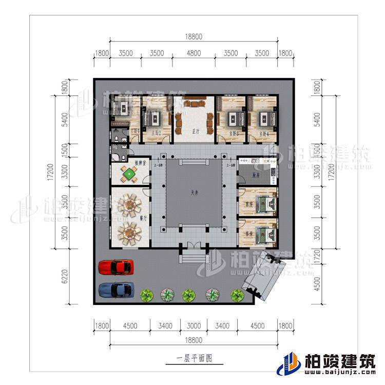 一層：車庫、餐廳、棋牌室、廚房、正廳、6臥室、公衛(wèi)、內(nèi)衛(wèi)
