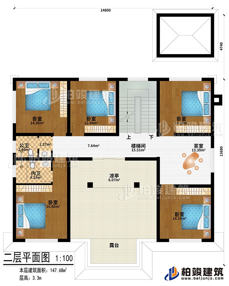 二層：樓梯間、茶室、涼亭、5臥室、公衛、內衛、露臺