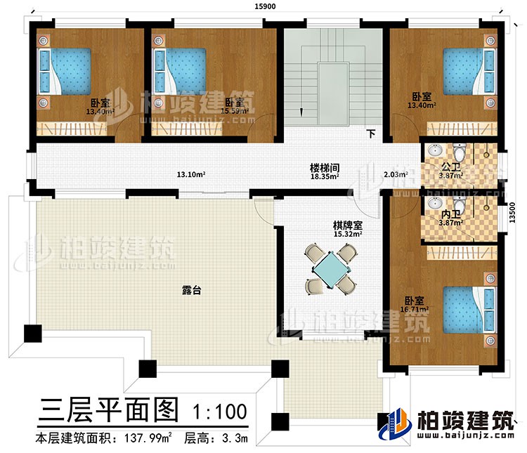 三層：樓梯間、棋牌室、4臥室、公衛、內衛、露臺