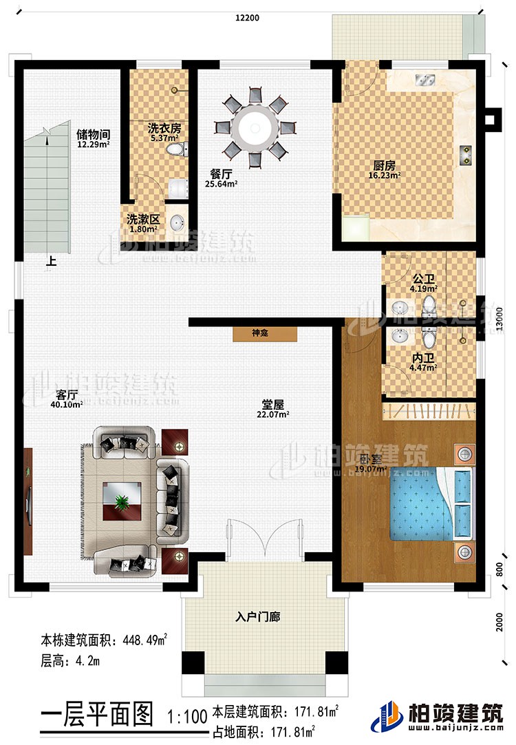 一層：入戶門廊、堂屋、神龕、客廳、餐廳、廚房、臥室、公衛、內衛、洗漱區、洗衣房、儲物間