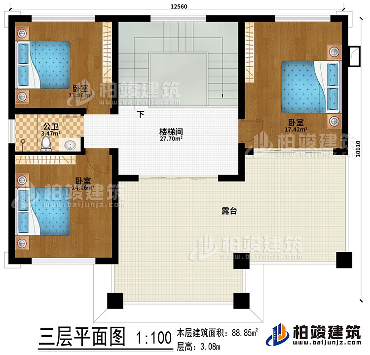 三層：樓梯間、3臥室、露臺(tái)、公衛(wèi)