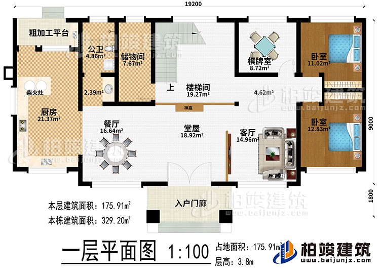 一層：入戶門廊、堂屋、神龕、客廳、餐廳、廚房、柴火灶、粗加工平臺(tái)、儲(chǔ)物間、樓梯間、棋牌室、2臥室、公衛(wèi)