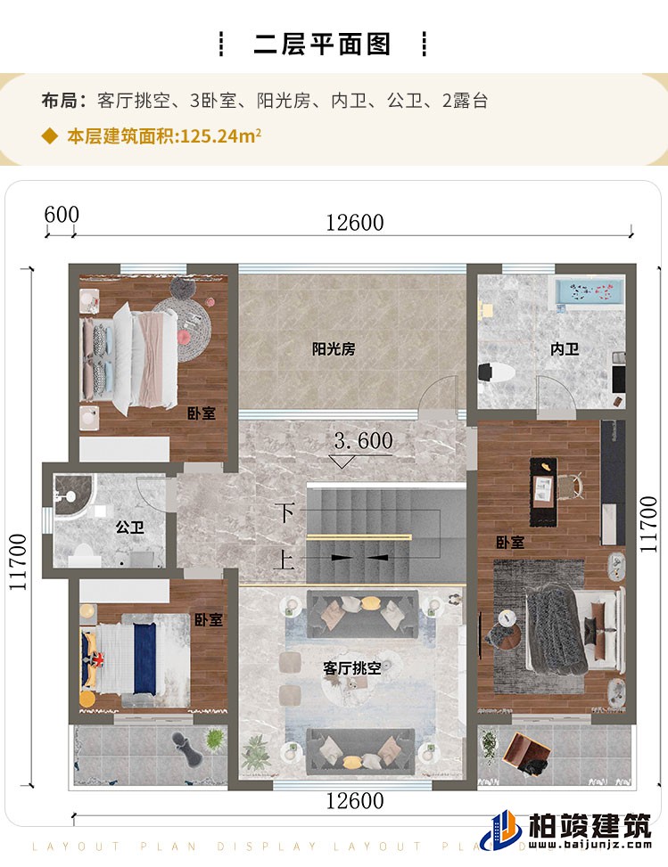 二層：客廳挑空、3臥室、陽光房、內(nèi)衛(wèi)、公衛(wèi)、2露臺